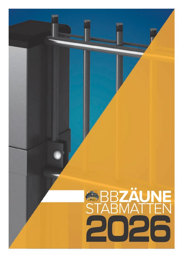 Titelseite des BB Zäune Katalogs 2026 - 2D- und 3D-Stabmatten