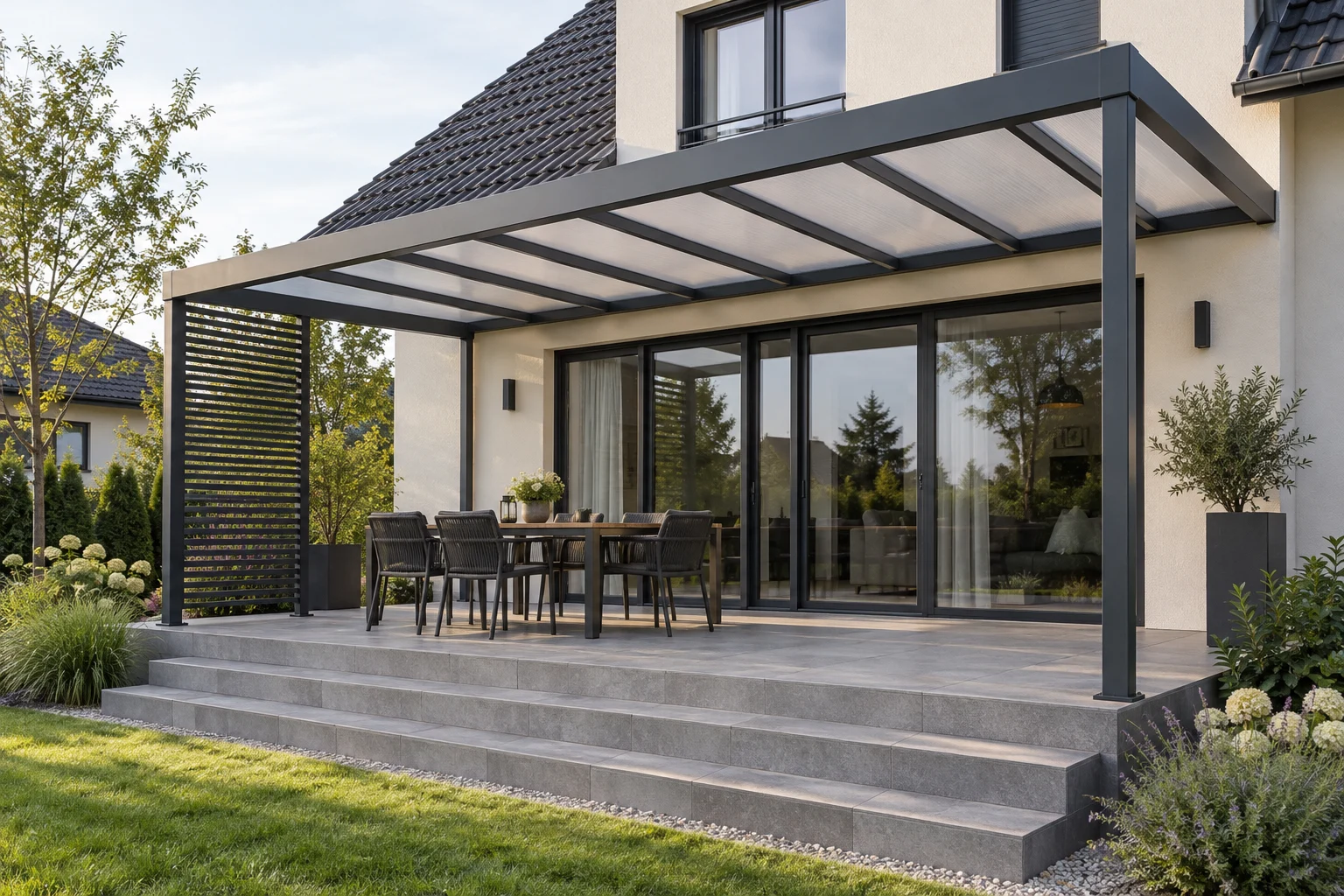Visualisierung einer anthrazitfarbenen Terrassenüberdachung am Haus mit Tisch und Stühlen darunter